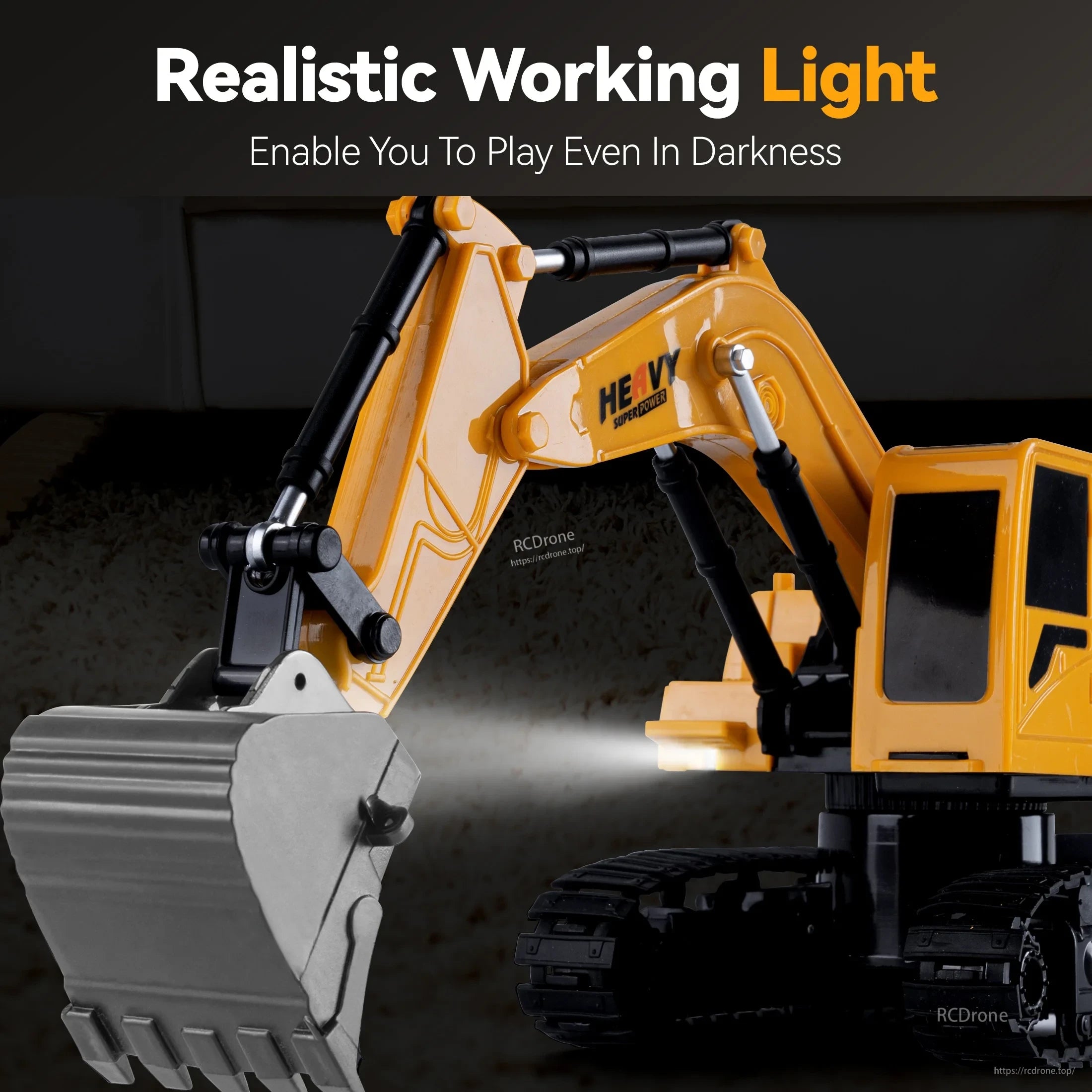 ZWN 1/16 Alloy Excavator, Glowing working light for night play; heavy-duty superpower excavator with realistic, illuminated features. (16 words)