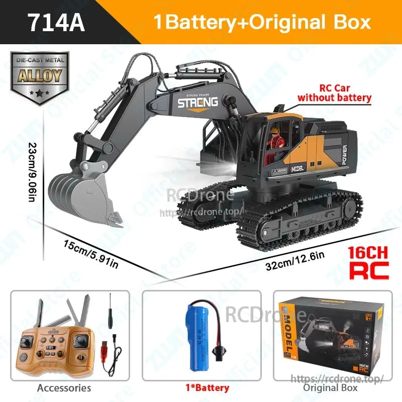 16-channel RC alloy excavator with 2.4G, 30–50m range, lights, music, smoke; includes battery, remote, tools, box. Die-cast metal, 32x23x15cm.