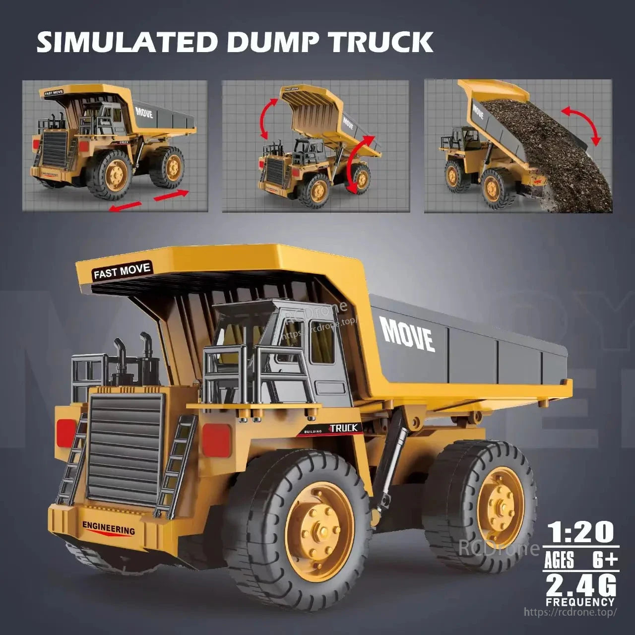 1:20 scale dump truck with 2.4G frequency, moving bed, realistic design. Ideal for kids aged 6+ to enjoy engineering-themed play. (25 words)