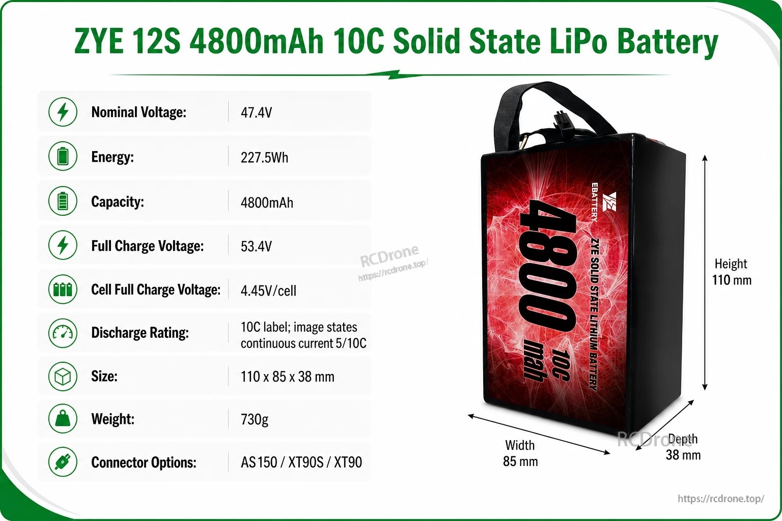 ZYE 12S 4800mAh 10C Solid State LiPo Battery specifications image