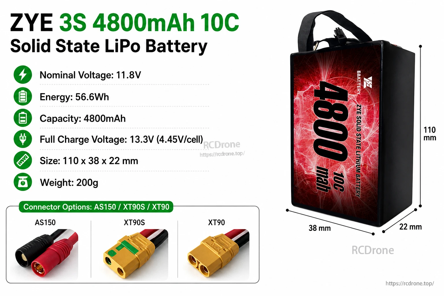 ZYE 3S 4800mAh 10C Solid State LiPo Battery specifications image