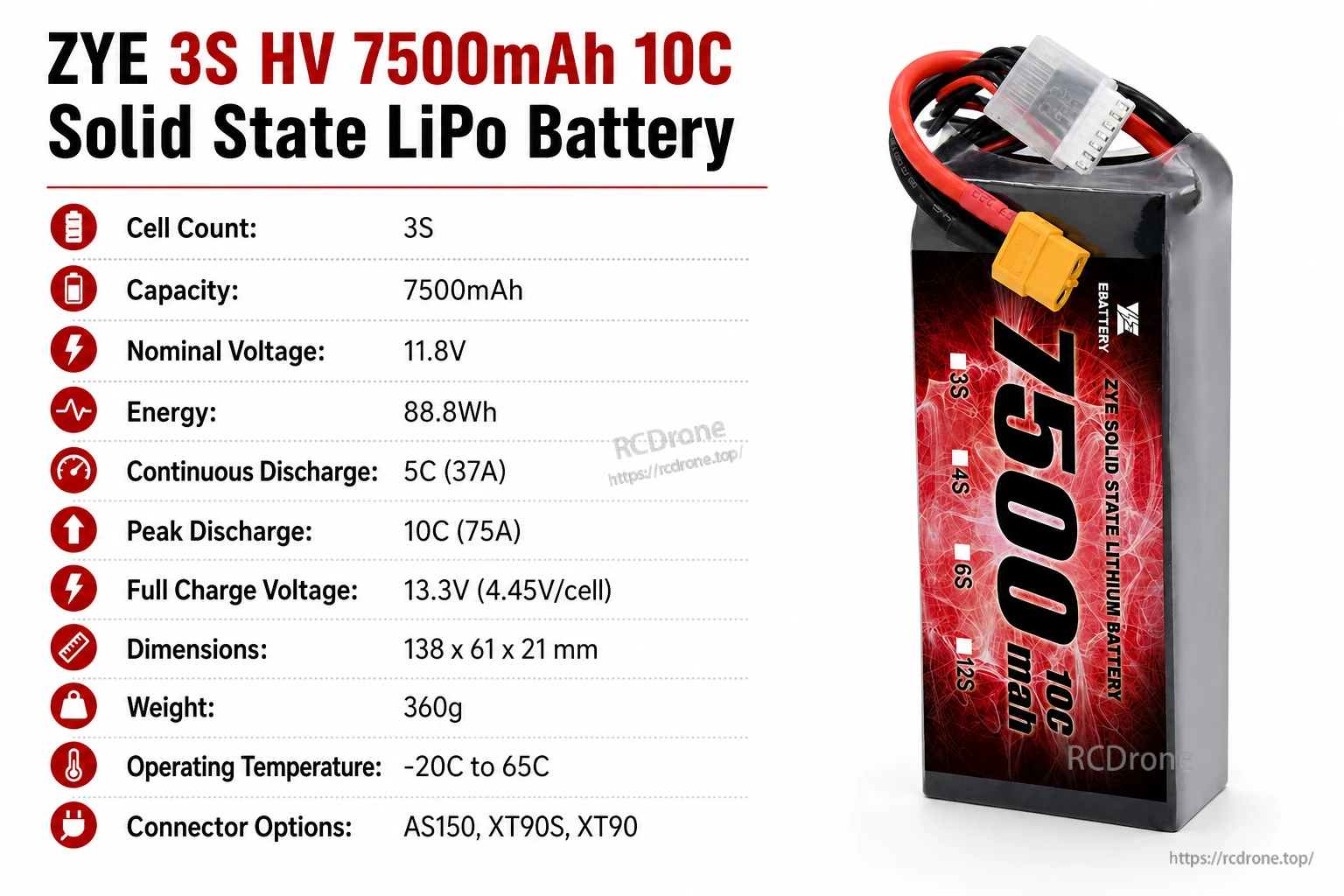 ZYE 3S HV 11.8V 7500mAh 10C Solid State LiPo Battery specifications image