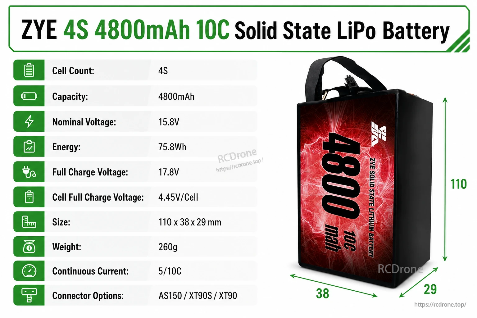 ZYE 4S 4800mAh 10C Solid State LiPo Battery specifications image