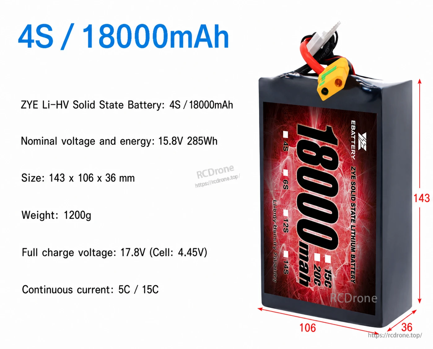 ZYE 4S 6S 12S 18000mAh 10C Solid State Battery specifications image ZYE 4S 6S 12S 18000mAh 10C Solid State Battery specifications image