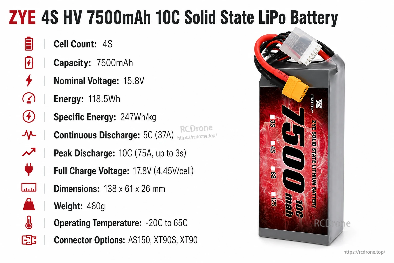 ZYE 4S HV 15.8V 7500mAh 10C Solid State LiPo Battery specifications image ZYE 4S HV 15.8V 7500mAh 10C Solid State LiPo Battery specifications image