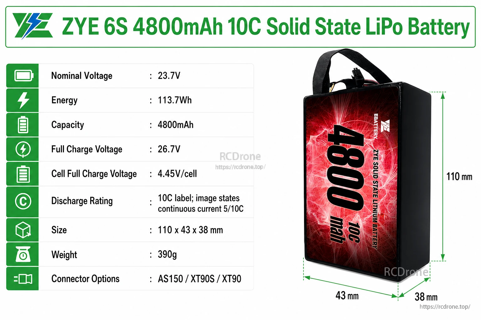 ZYE 6S 4800mAh 10C solid state LiPo battery specifications image ZYE 6S 4800mAh 10C solid state LiPo battery specifications image