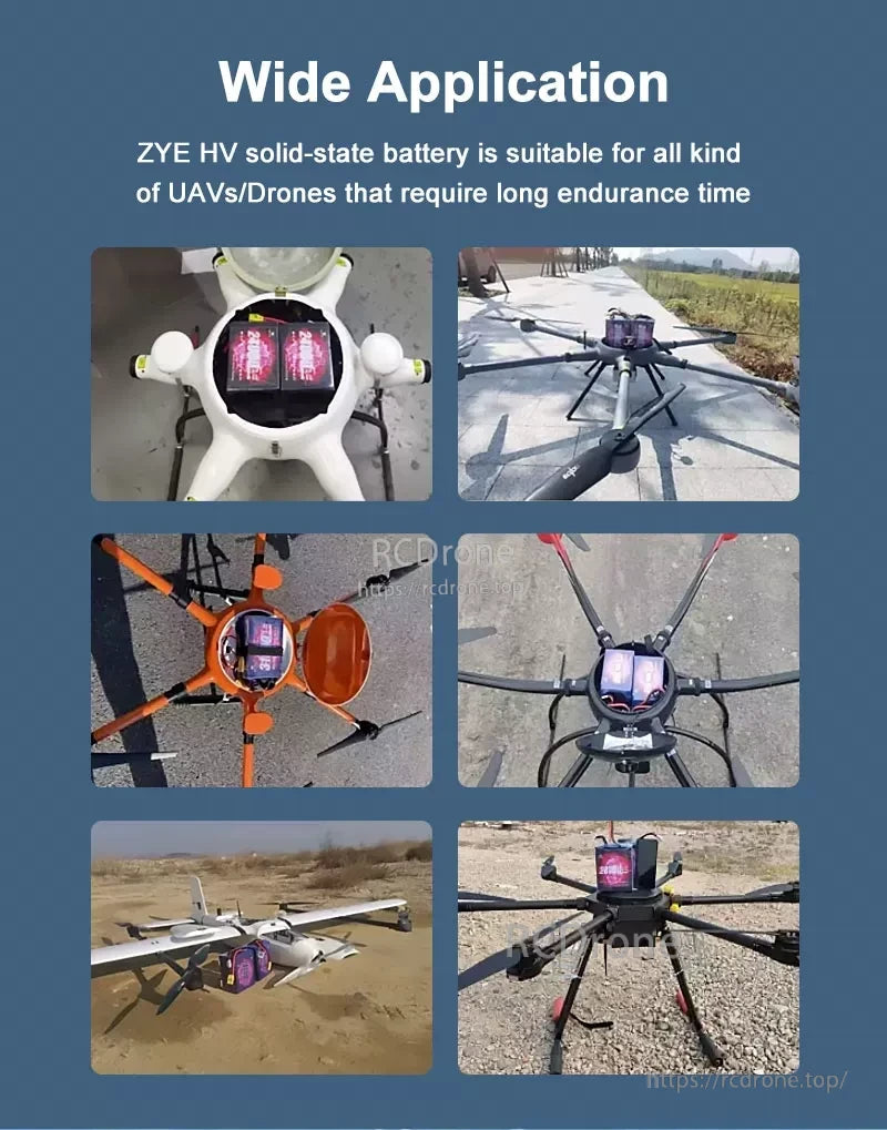 UAV drone application collage showing ZYE HV solid-state battery installed on multiple multirotor platforms