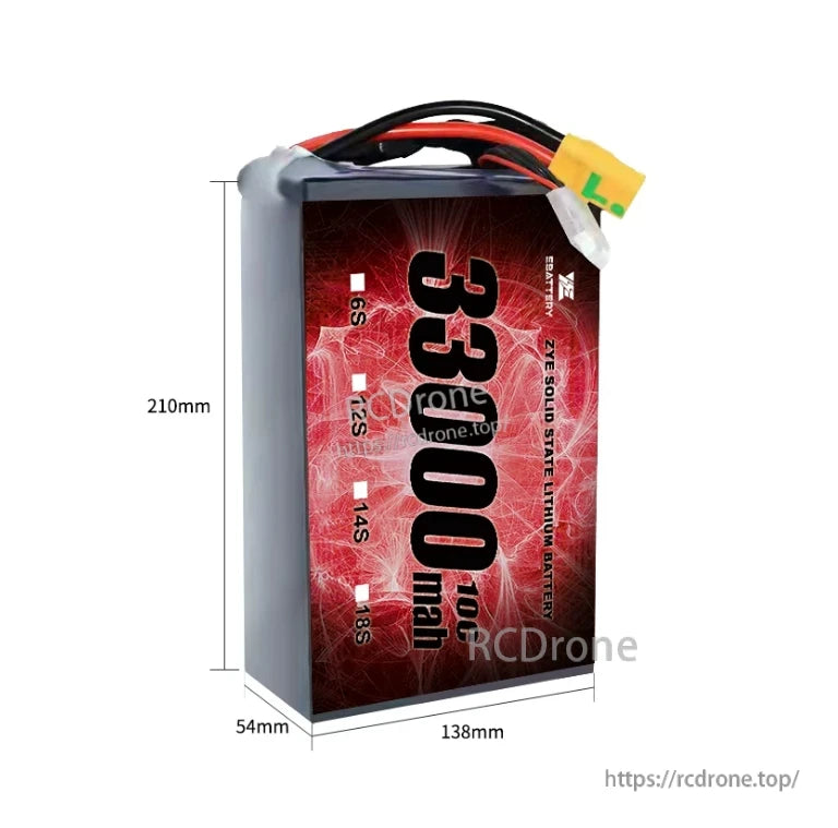 Battery pack dimension diagram showing 210mm height, 138mm width, and 54mm thickness for 33000mAh pack