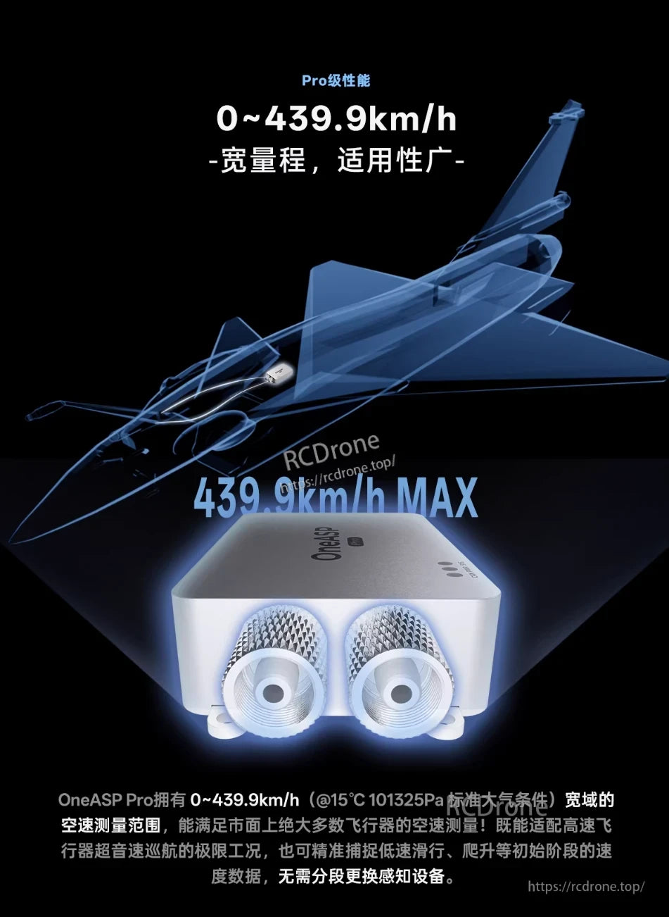 ZeroOne OneASP Pro Airspeed Sensor, OneASP Pro measures 0–439.9 km/h airspeed, ideal for all flight phases without sensor switching.
