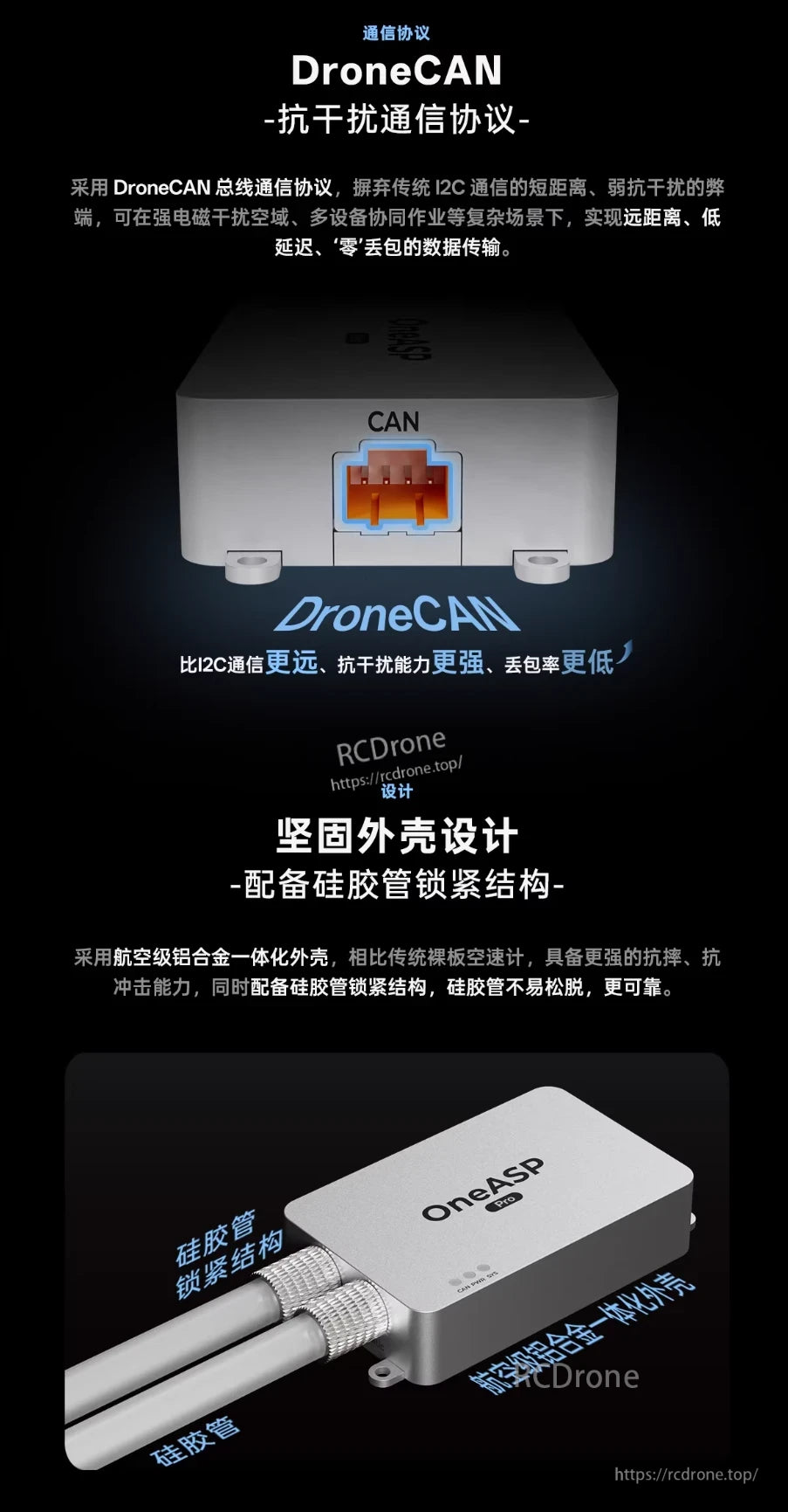 ZeroOne OneASP Pro Airspeed Sensor, DroneCAN offers robust, interference-resistant data transmission; rugged aluminum housing and silicone locks ensure durability in harsh conditions.