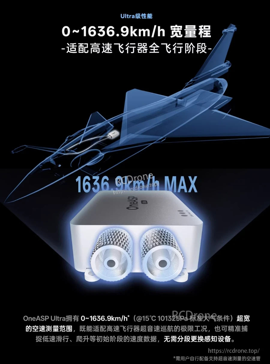 ZeroOne OneASP Ultra Airspeed Sensor, OneASP Ultra measures 0–1636.9 km/h airspeed for high-speed aircraft in all flight phases without sensor switching.