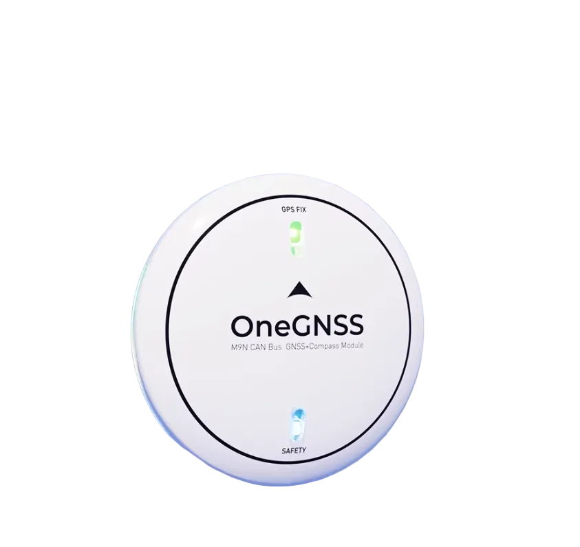 ZeroOne OneGNSS M9N GPS, Compact white GNSS+compass module with CAN bus, GPS fix, and safety indicators for drone navigation.