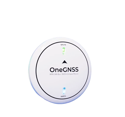 ZeroOne OneGNSS M9N GPS, Compact white GNSS+compass module with CAN bus, GPS fix, and safety indicators for drone navigation.