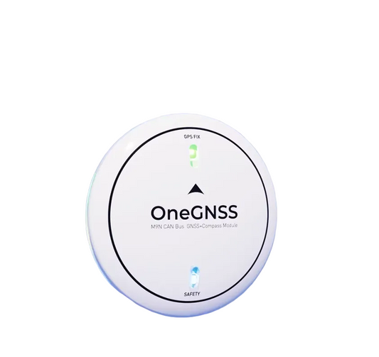 ZeroOne OneGNSS M9N GPS, Compact white GNSS+compass module with CAN bus, GPS fix, and safety indicators for drone navigation.