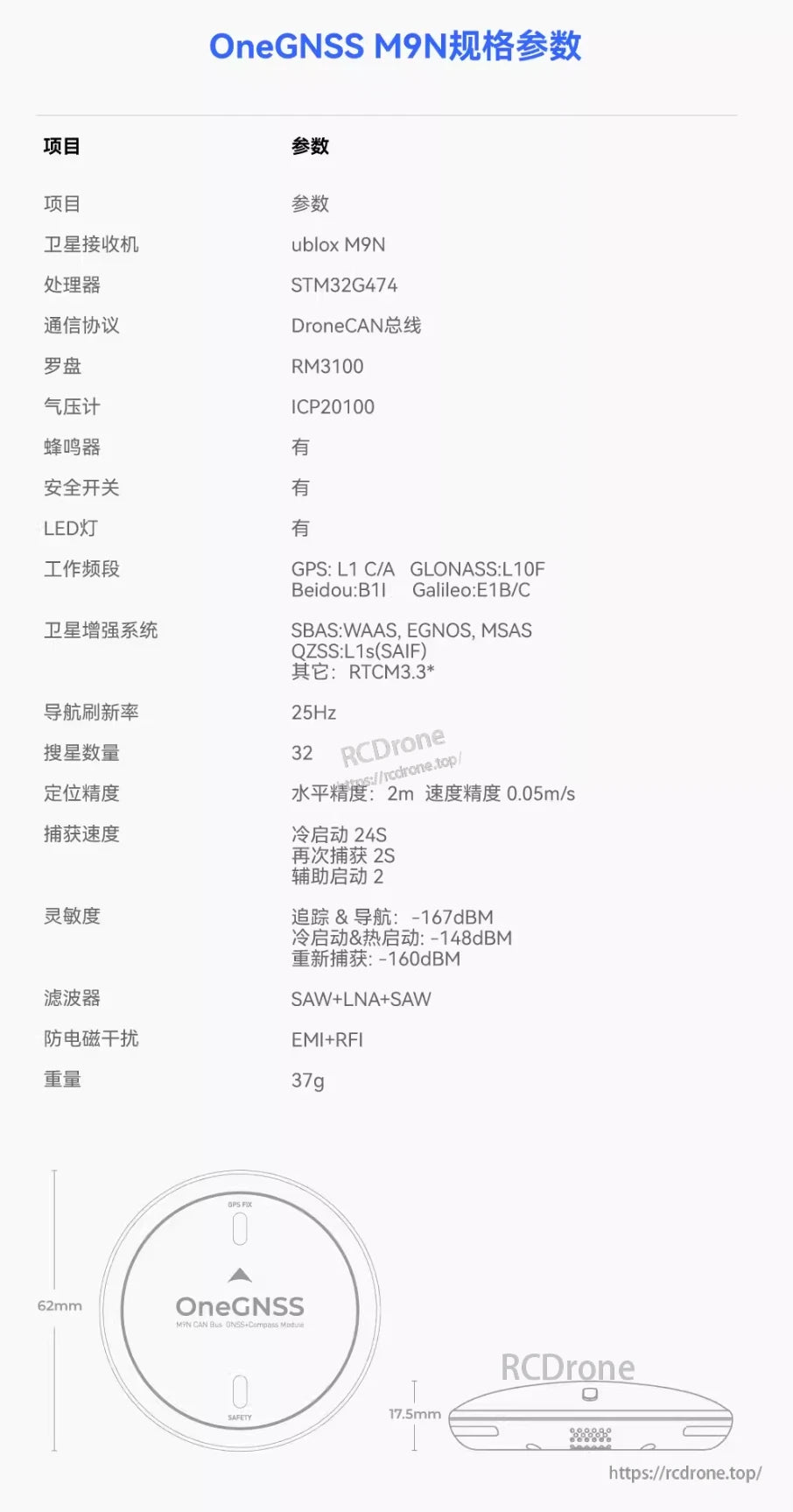 ZeroOne OneGNSS M9N GPS, OneGNSS M9N GPS module features ublox M9N, 25Hz refresh, 2m accuracy, multi-GNSS/SBAS support, STM32G474, buzzer, switch, LED, and weighs 37g.