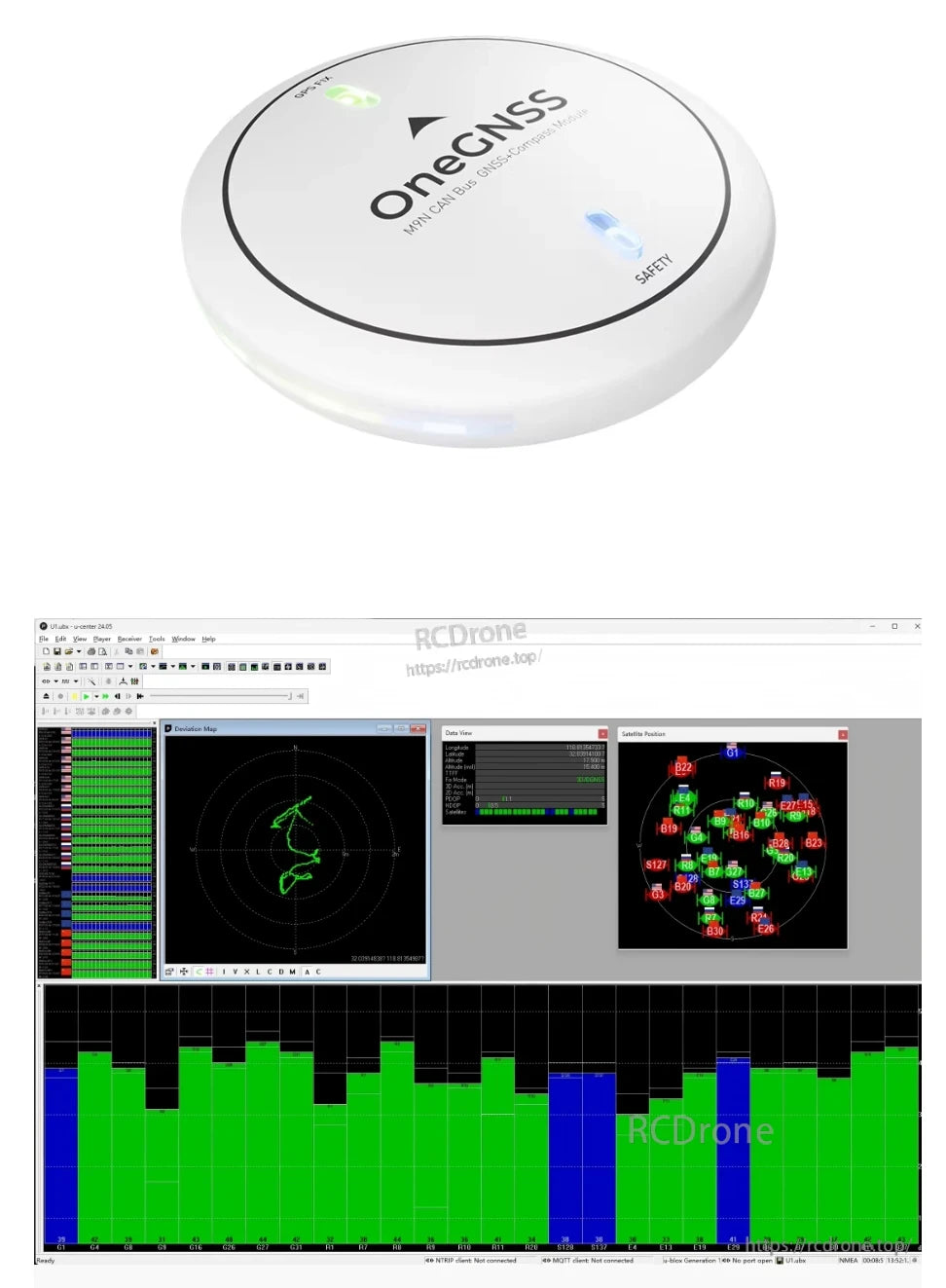 ZeroOne OneGNSS M9N GPS, OneGNSS M9N CAN Bus module shows satellite positions, signal strength, and navigation data via software interface.