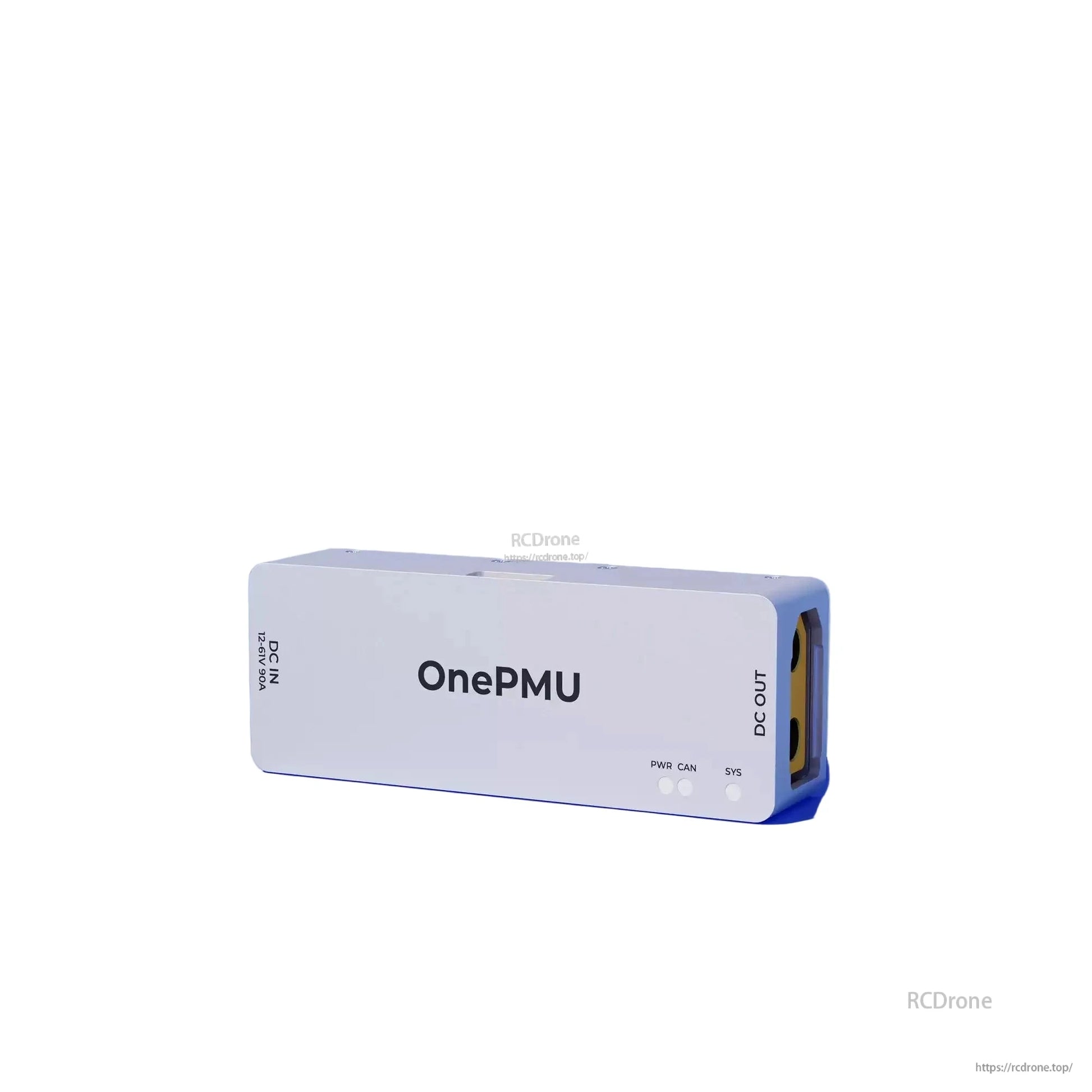 ZeroOne OnePMU DroneCAN Power Module, OnePMU power module: 9.3–61V input, 90A, XT90 connector, 5.38V/5A output, with PWR/CAN/SYS indicators.