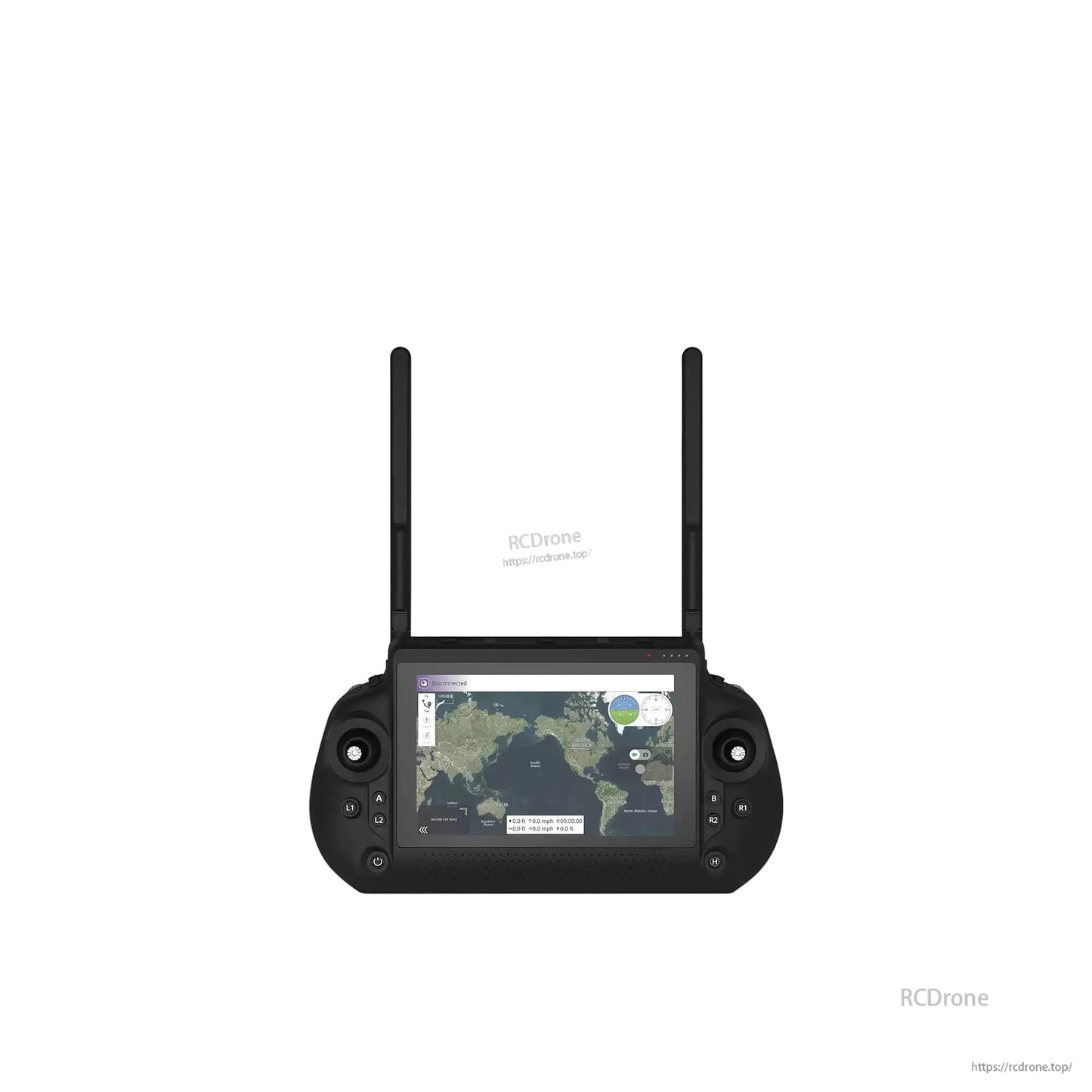 Black handheld drone controller with 7-inch screen, dual antennas, joysticks, buttons, world map display, and SBUS/UART/Ethernet/HDMI support.