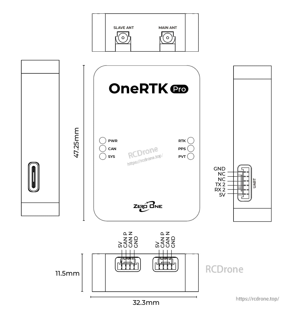 ZeroOne OneRTK Pro GNSS, OneRTK Pro GNSS device features antenna ports, LEDs, UART/CAN connectors, and measures 47.25mm x 32.3mm x 11.5mm.