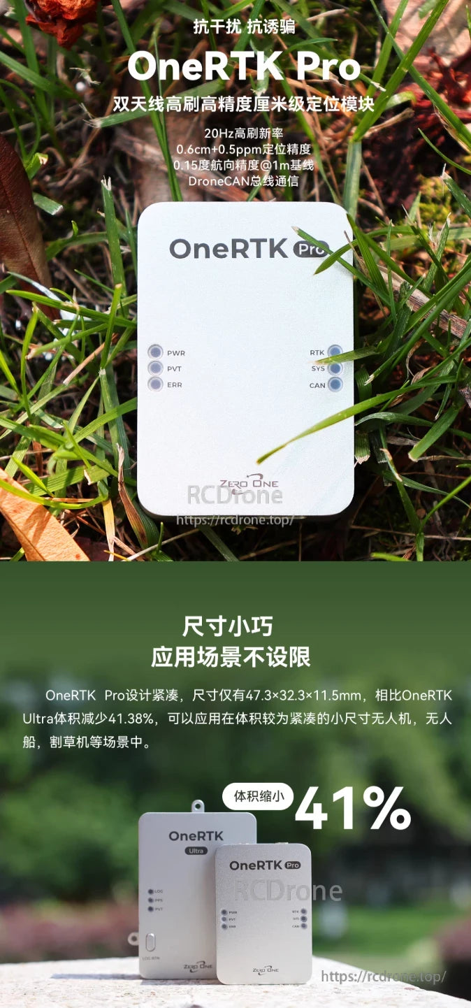 ZeroOne OneRTK Pro GNSS, OneRTK Pro delivers centimeter-level precision, 20Hz refresh, compact size, dual antennas, anti-interference, and DroneCAN—ideal for drones, boats, and mowers.