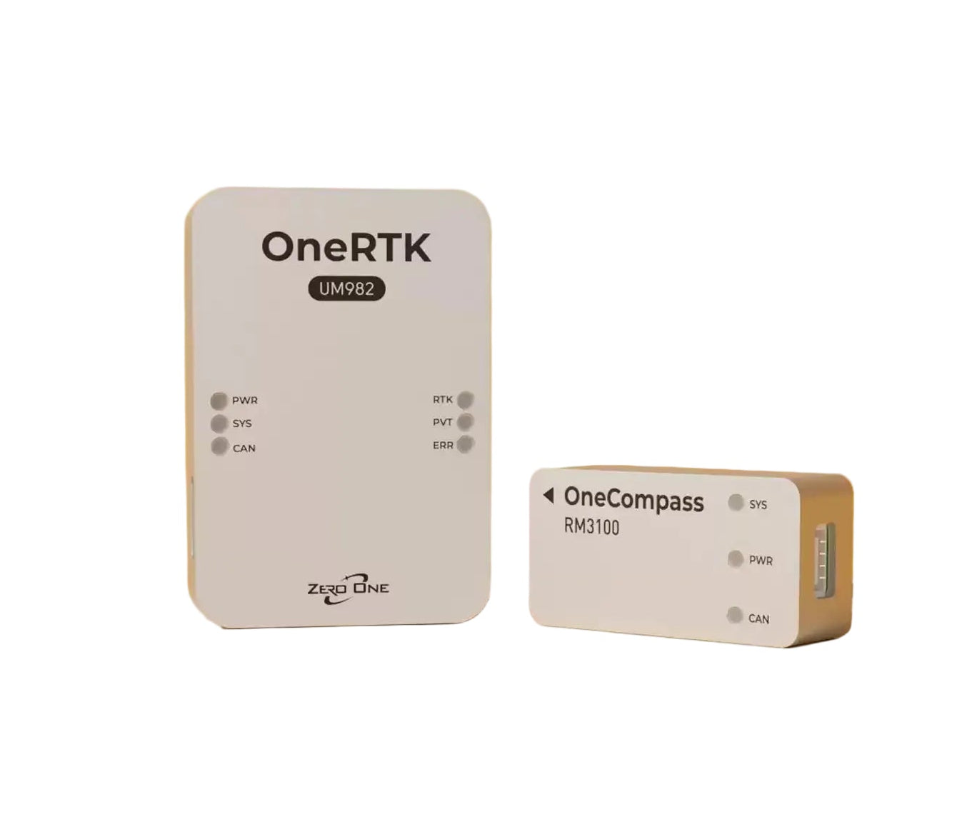 OneRTK UM982 and OneCompass RM3100 modules feature indicator lights for power, system, and communication status.