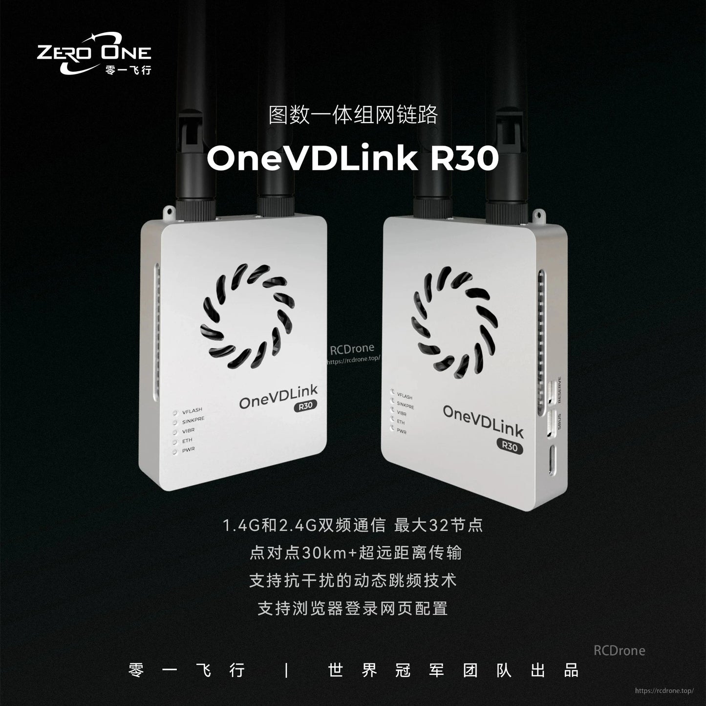 ZeroOne OneVDLink R30 Dual-Band 1.4/2.4GHz UAV Data & Video Link, Telemetry, 30km 30Mbps <25ms, SBUS UART ETH, Mesh 32