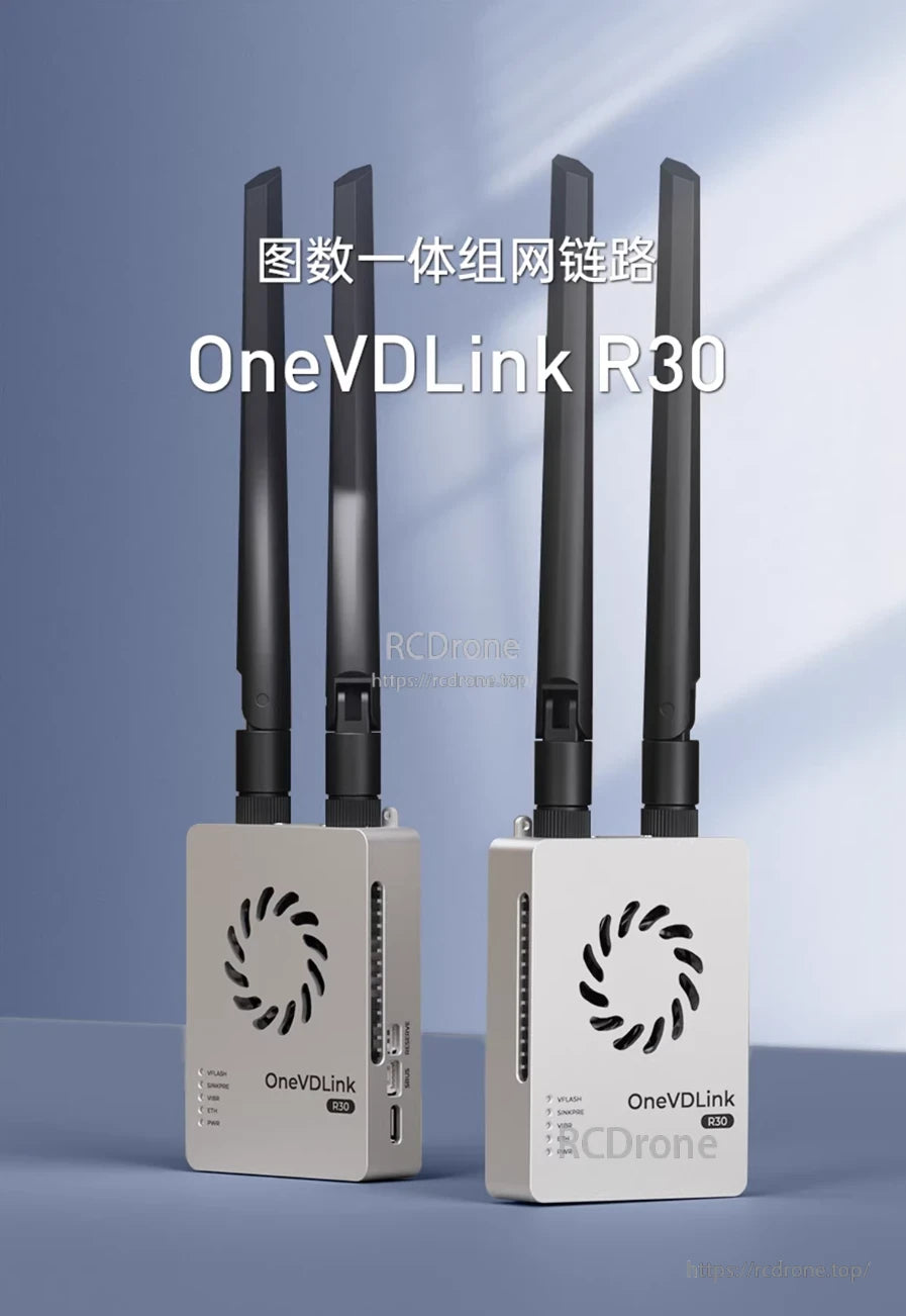 ZeroOne OneVDLink R30, OneVDLink R30 devices feature dual antennas, ventilation, labeled ports, and integrated graph and data networking capabilities.