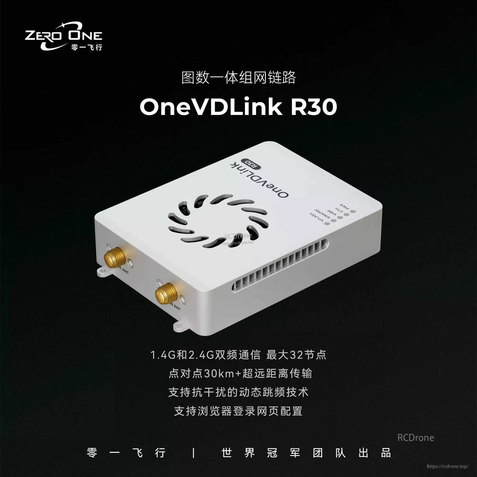 ZeroOne OneVDLink R30 Dual-Band 1.4/2.4GHz UAV Data & Video Link, Telemetry, 30km 30Mbps <25ms, SBUS UART ETH, Mesh 32