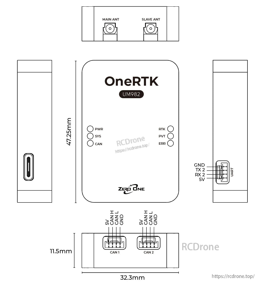 ZeroOne UM982 RTK Heading Module, The OneRTK UM982 features multiple indicators, UART/CAN ports, and measures 47.25×32.3×11.5 mm.