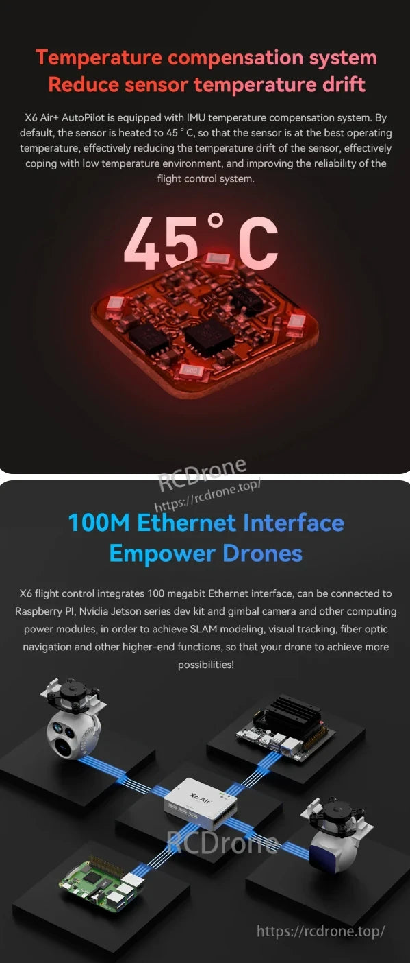 ZeroOne X6 Air Autopilot offers IMU temperature compensation at 45°C and a 100M Ethernet interface for SLAM and visual tracking.