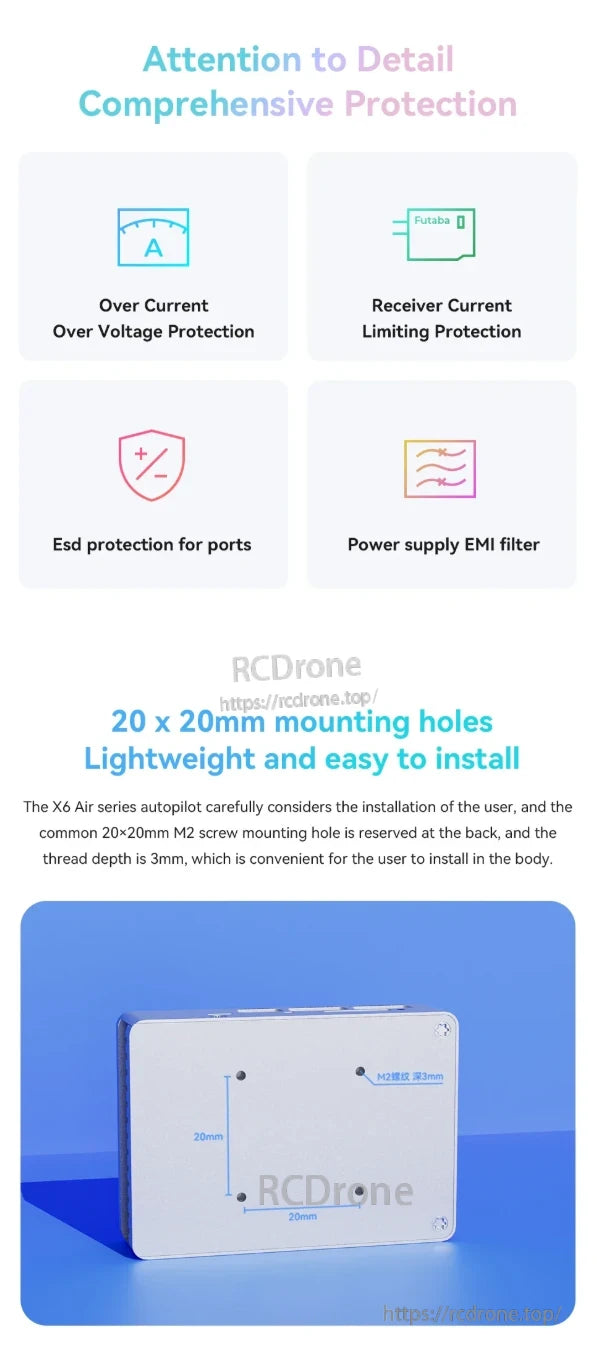 ZeroOne X6 Air Autopilot, The Futaba Over Current Receiver provides current over-voltage protection, limiting, and ESD protection for ports, along with a power supply EMI filter.