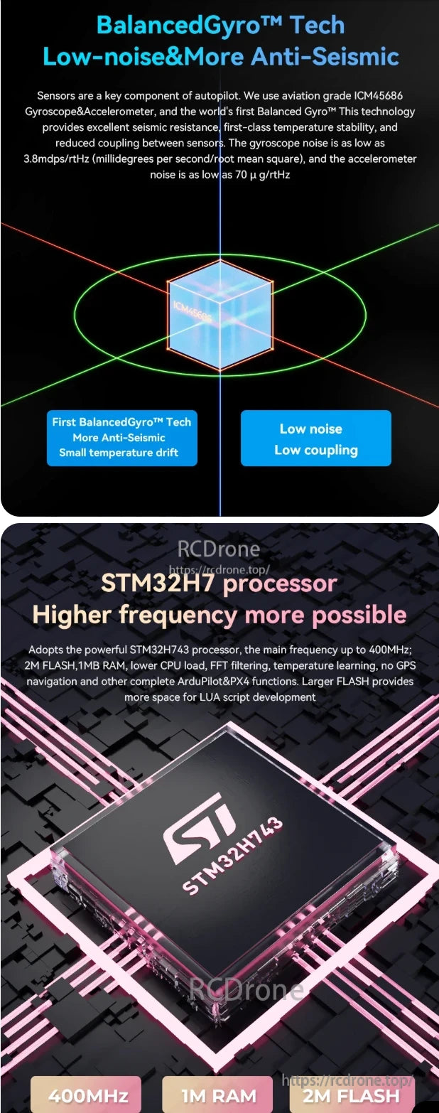 ZeroOne X6 Air Autopilot uses BalancedGyro™ Tech and an STM32H7 processor for enhanced stability, low noise, and advanced script development.