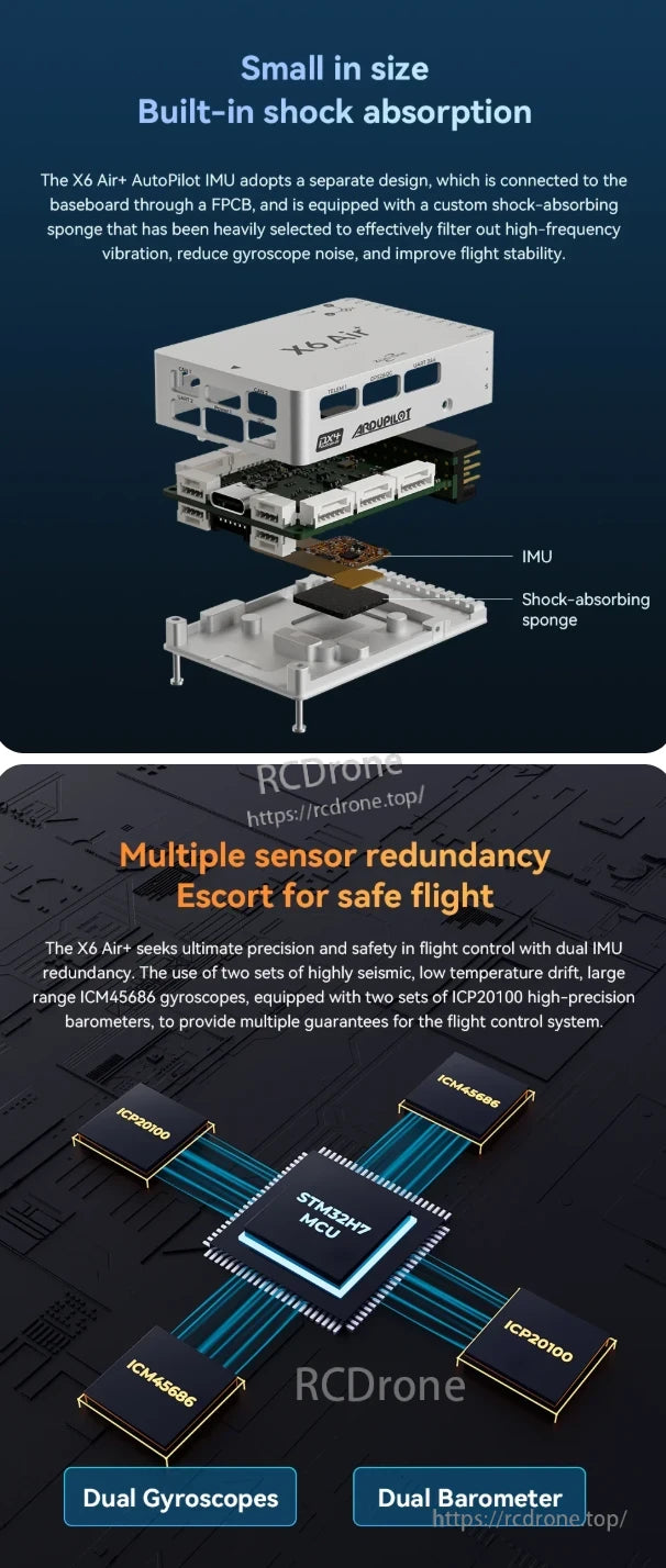 ZeroOne X6 Air Autopilot, ZeroOne X6 Air+ Autopilot ensures precision and safety with dual IMU redundancy, advanced sensor fusion, and vibration filtering using high-performance gyroscopes and barometers.