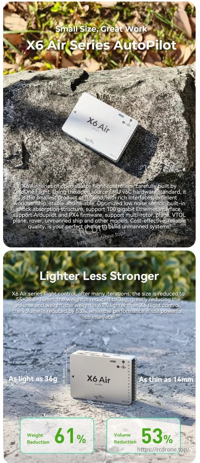 ZeroOne X6 Air Autopilot, ZeroOne X6 Air: ultra-light, compact autopilot for multi-rotor, plane, VTOL; supports ArduPilot/PX4 with optimized sensors and Ethernet.