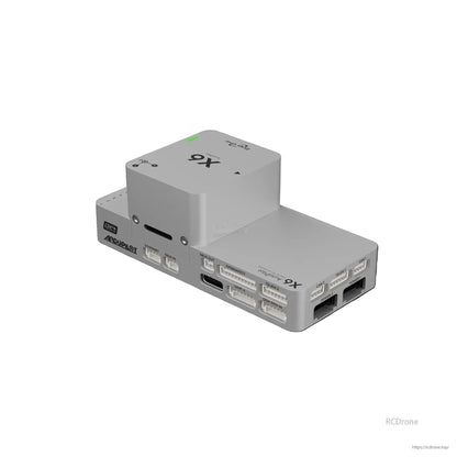 ZeroOne X6 AutoPilot Flight Controller, ZeroOne X6 Flight Controller, ZeroOne X6 flight controller: compact, gray, with Ethernet, SBUS, GPS, UART, telemetry, CAN, power ports, labeled connectors, and status LED.