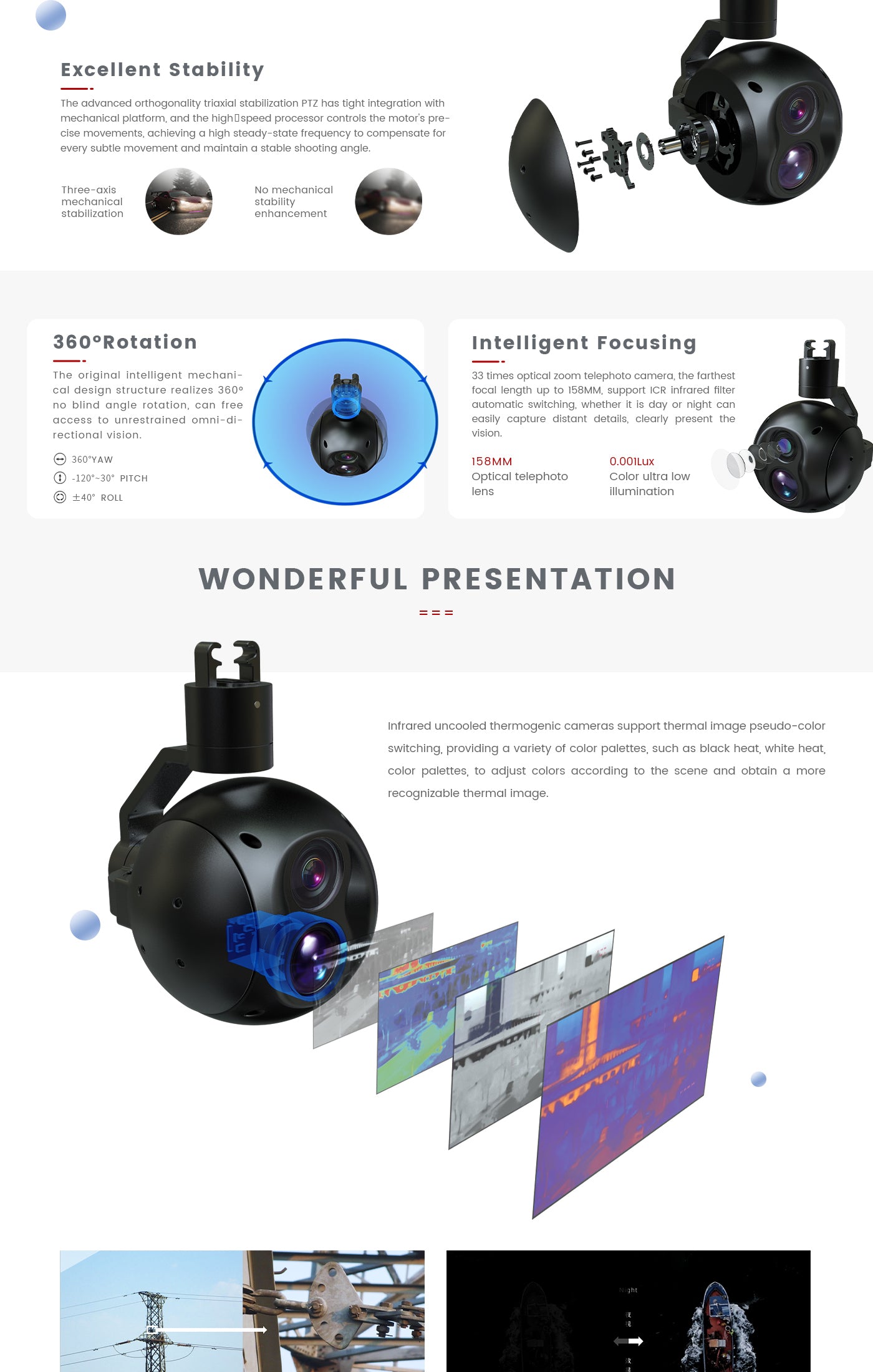 503详情_03 Zingto INYYO 503 Gimbal, The PTZ camera features advanced triaxial stabilization, intelligent focusing with a 33x optical zoom lens, and ultra-low light performance for clear and stable shots.