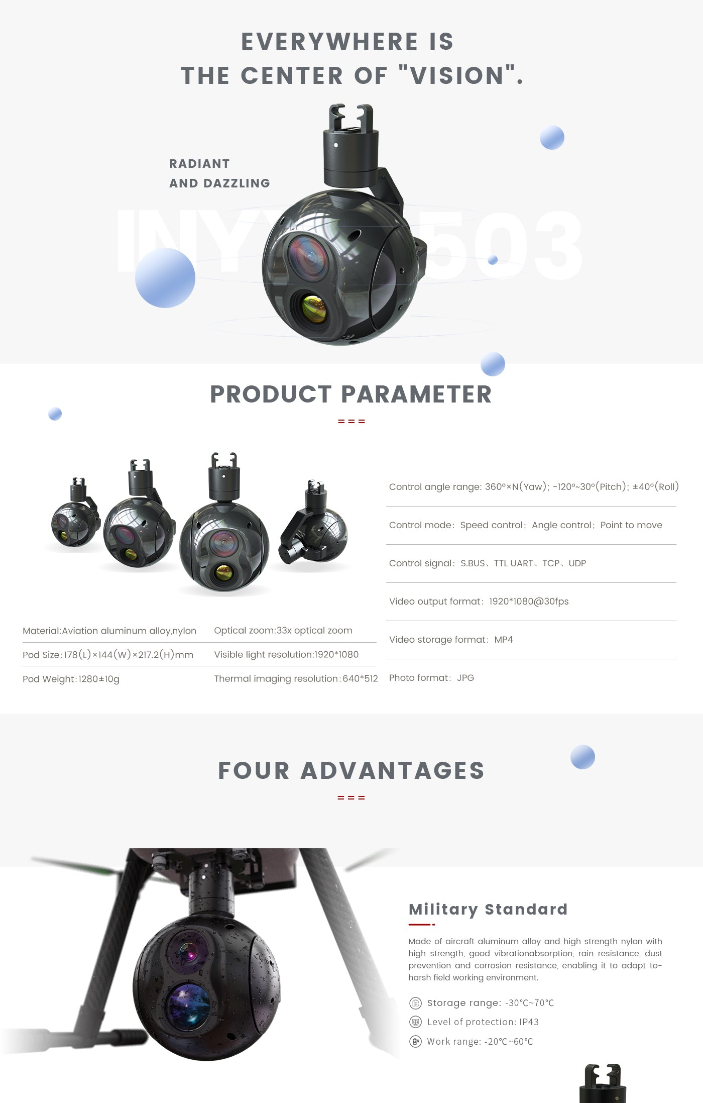 Zingto INYYO 503 Gimbal, A product description mentioning its features, including control modes, signals, video output, material, and optical zoom.