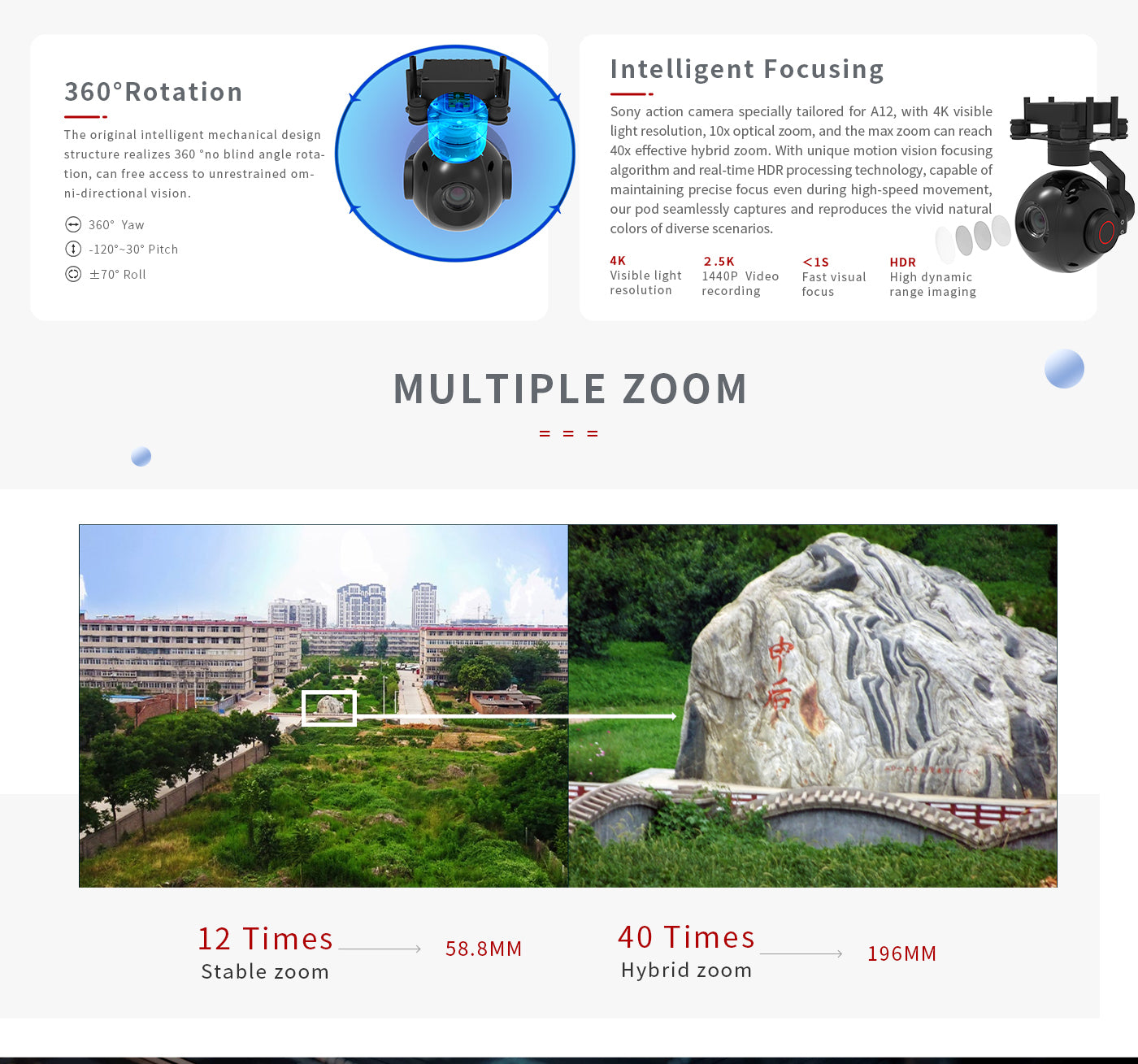 4 Zingto INYYO A12 Gimbal, Sony action camera features 4K visibility, 10x optical zoom, and up to 40x effective hybrid zoom with unique motion vision focusing and real-time HDR processing.