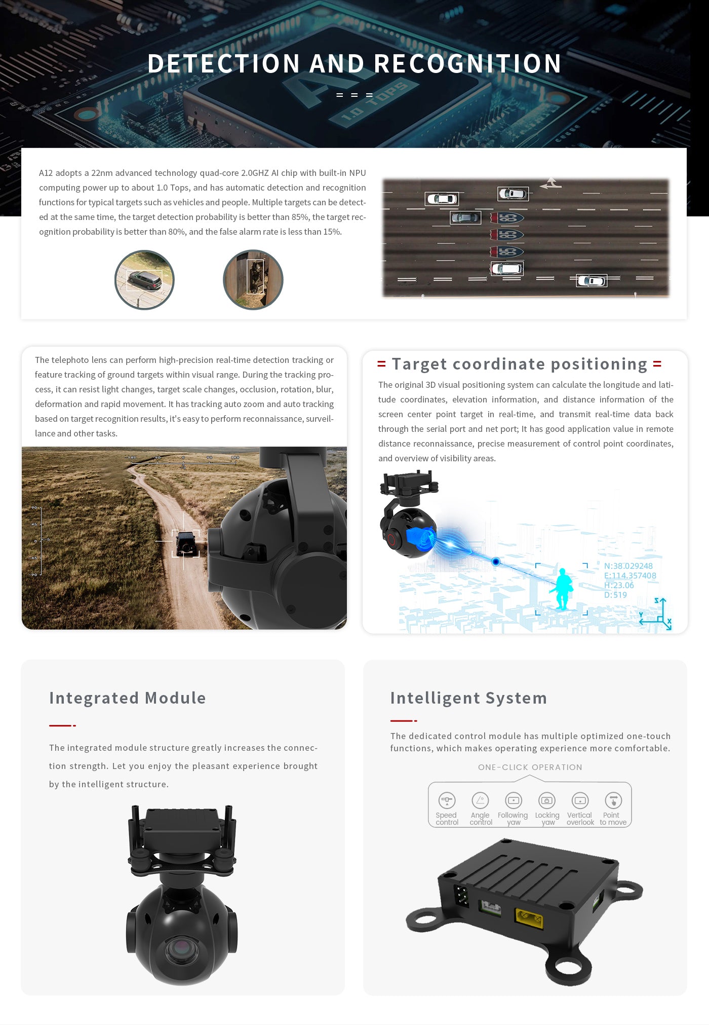 Zingto INYYO A12 Gimbal, The ZINGTO A12 Gimbal uses AI chip with NPU computing power for automatic target detection and recognition with high probability.