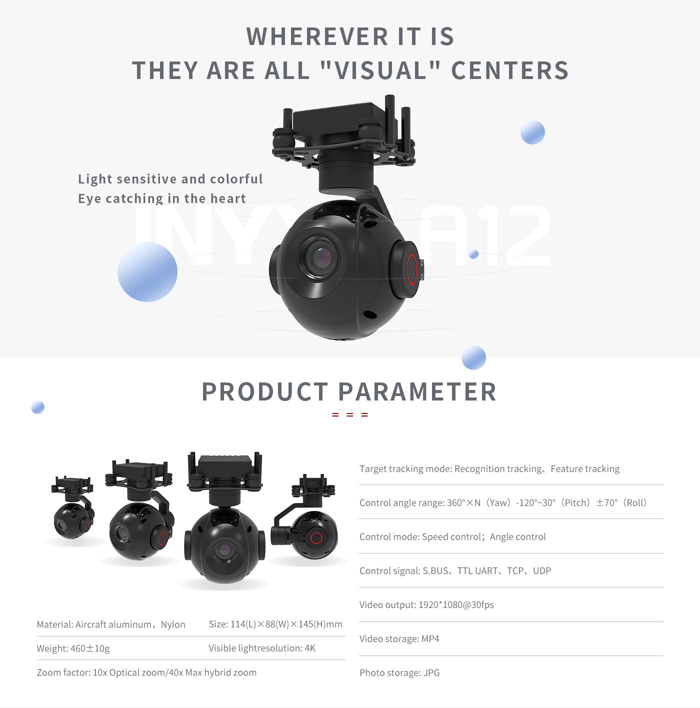 2 Zingto INYYO A12 Gimbal, Gimbal features high-sensitivity visuals, target tracking modes, and control protocols for smooth video capture, with dimensions and materials mentioned.