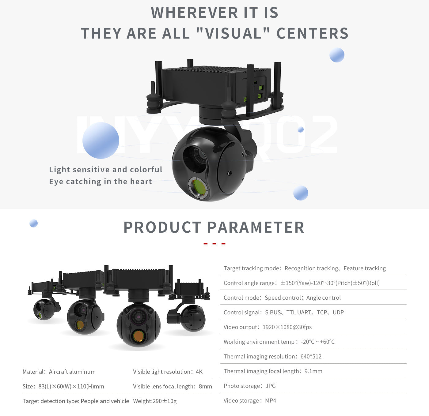 Q02_02 Zingto INYYO Q02 Gimbal, This gimbal drone camera features dual sensor pod with 4K visible light and thermal imaging resolutions, supporting various control modes.