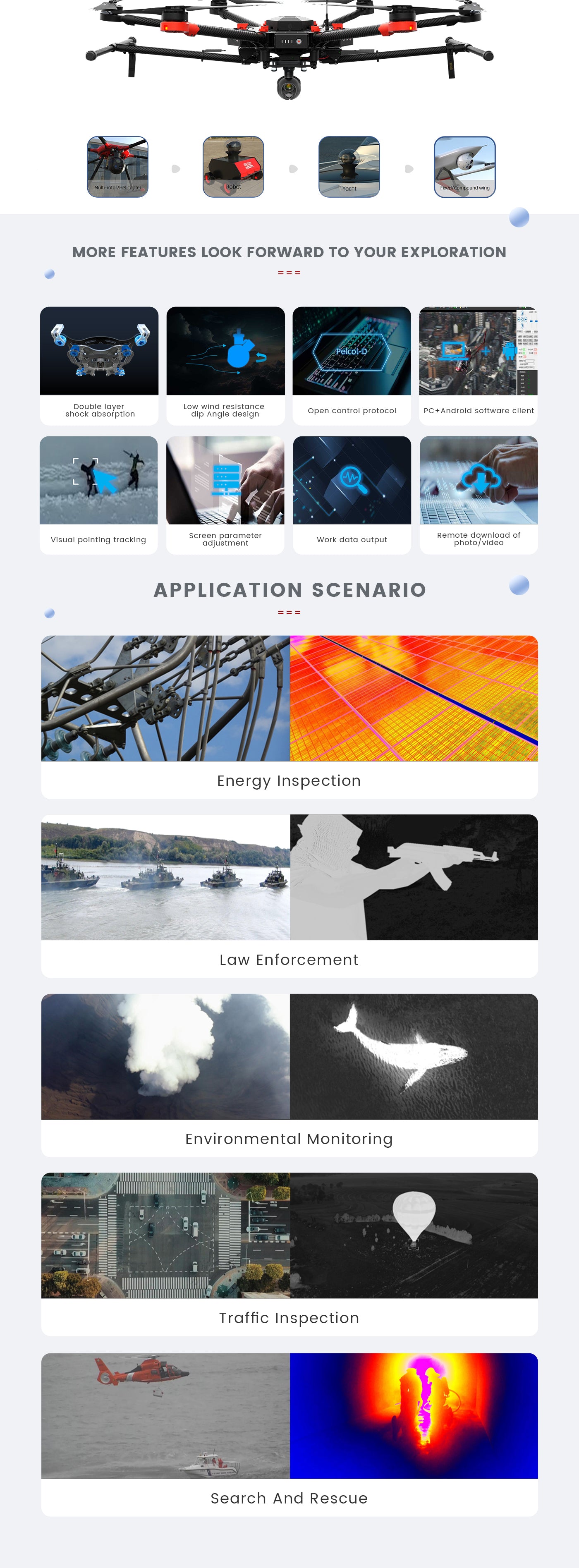 5 Zingto INYYO Q102 Gimbal, A multi-rotor helicopter robot yacht features a compound wing design with low wind resistance and shock absorption.