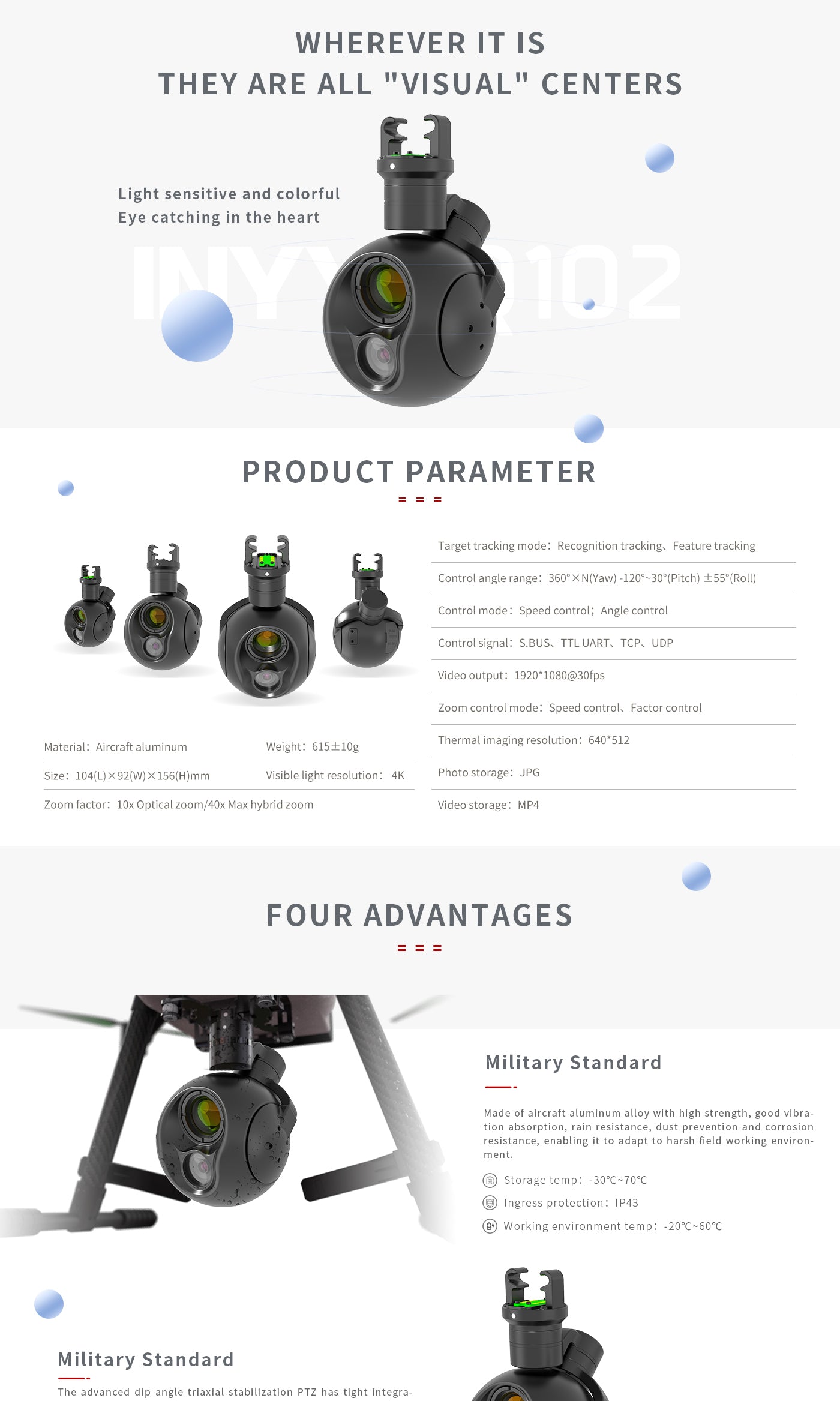 The Zingto INYYO Q102 Gimbal features light-sensitive centers, target tracking modes, and various control options with video output at 1920x1080 resolution.