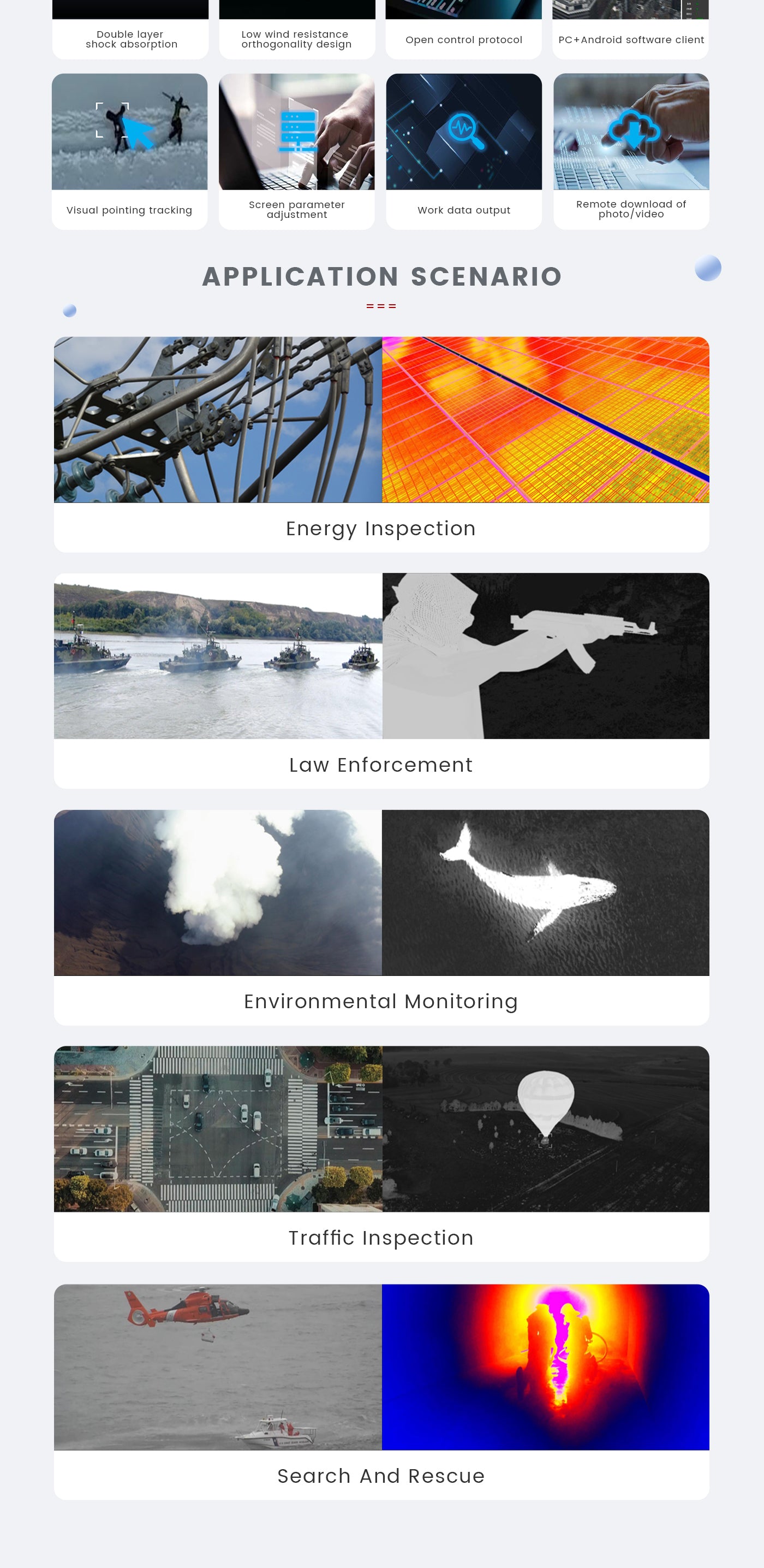 Q102L详情_07 Zingto INYYO Q102L Gimbal, Low wind resistance shock-absorption design for open control protocol with software clients for various applications.