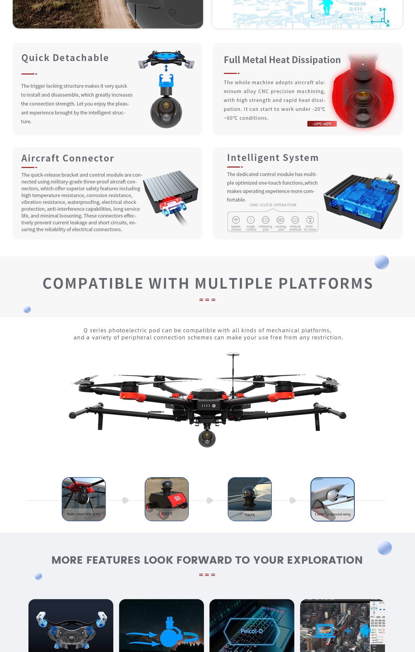 The Zingto INYYO Q102L Gimbal features aircraft-grade aluminum CNC machining for easy installation and disassembly, with heat dissipation and safety features.