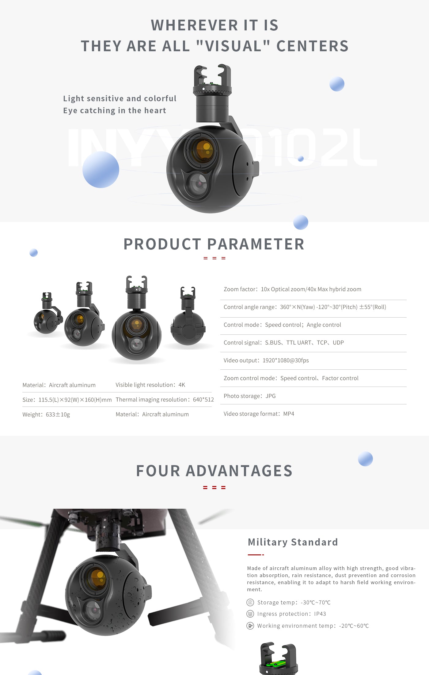 The Zingto INYYO Q102L Gimbal has light-sensitive and colorful visual centers, 4K resolution, thermal imaging, and measures 115.5mm x 92mm x 160mm weighing 633g.