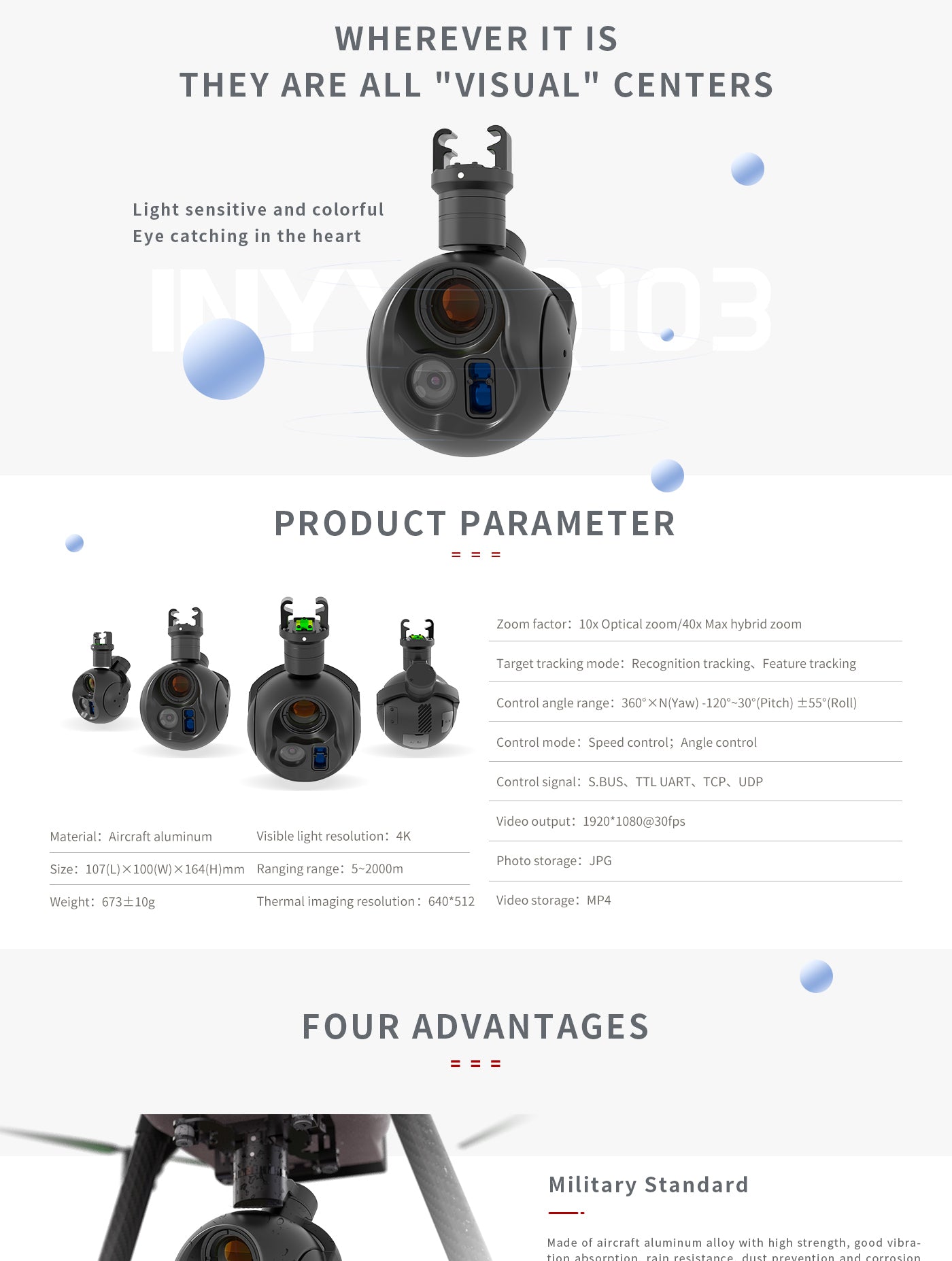 2 Zingto INYYO Q103 Drone Camera Gimbal, Camera with optical and hybrid zoom, thermal imaging, and 4K resolution, suitable for military standards.