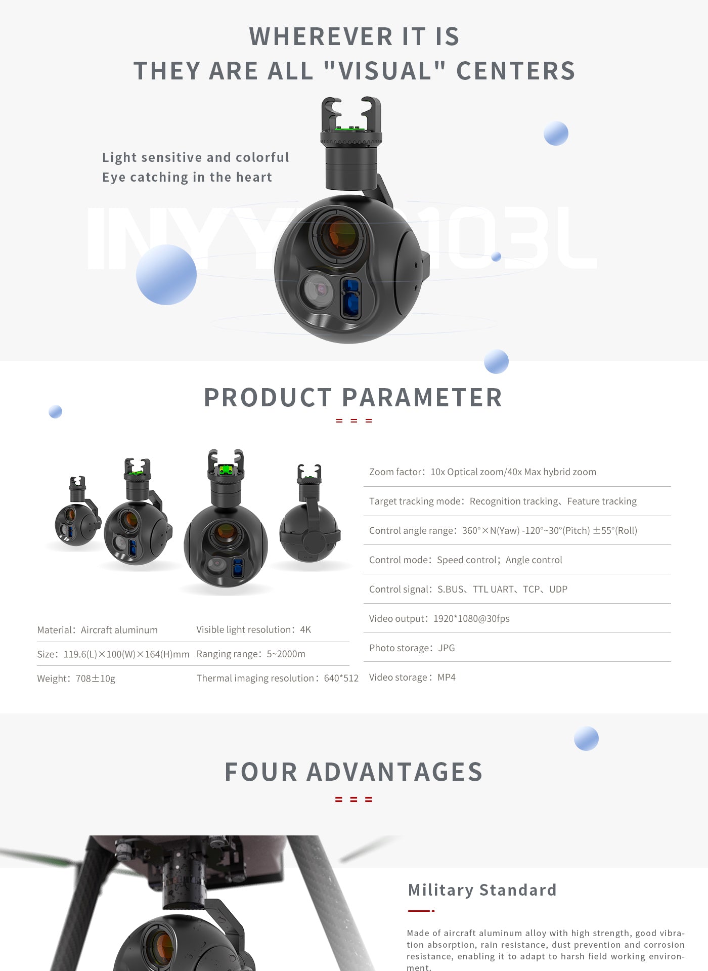 2 Zingto INYYO Q103L Drone Camera Gimbal, Zingto INYYO drone camera gimbal features sensors for thermal imaging and LRF, with zoom, tracking modes, and adjustable angles.