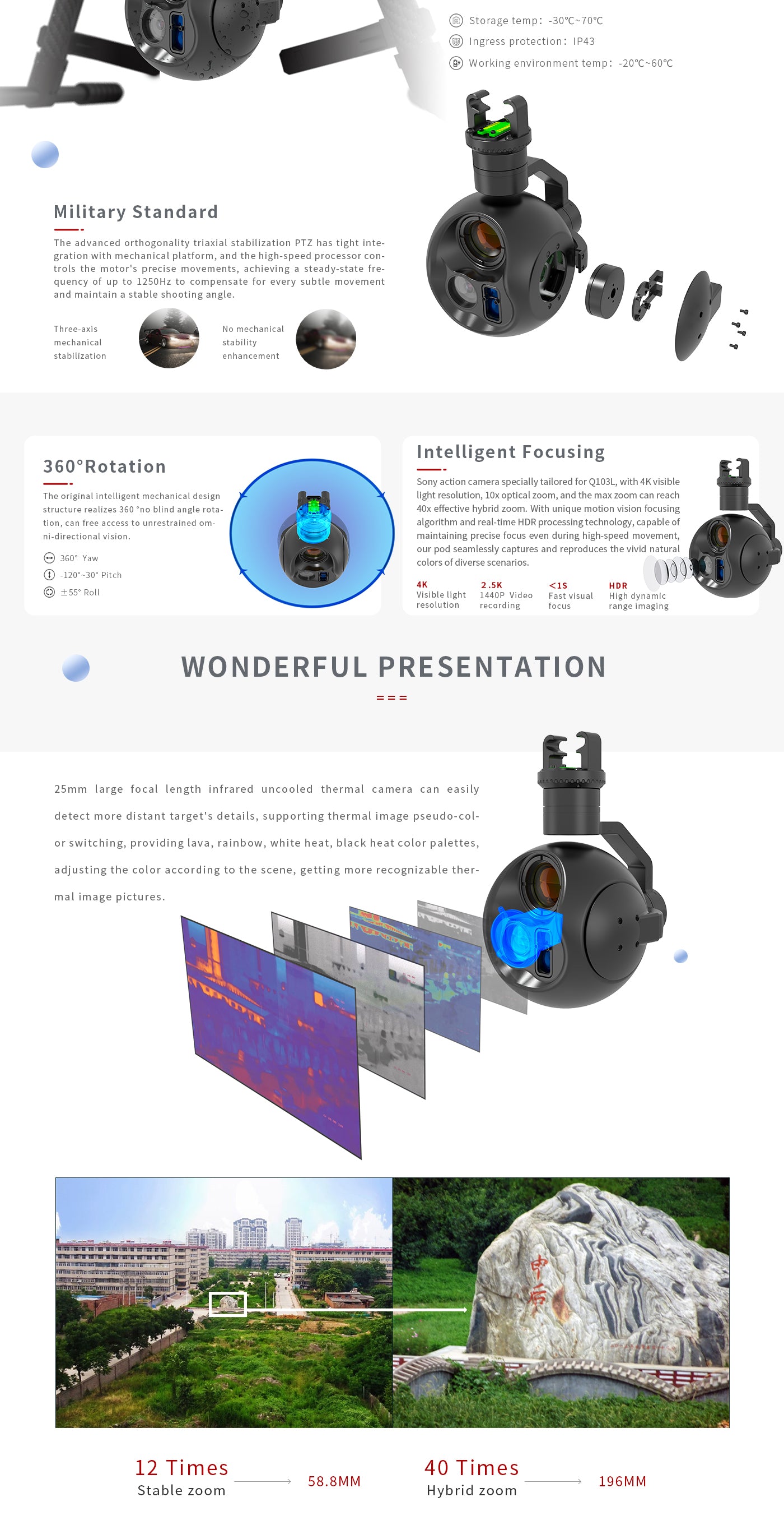 3 Zingto INYYO Q103L Drone Camera Gimbal, Advanced PTZ has tight integration with mechanical platform and high-speed processor for precise movements and stable shooting angles.