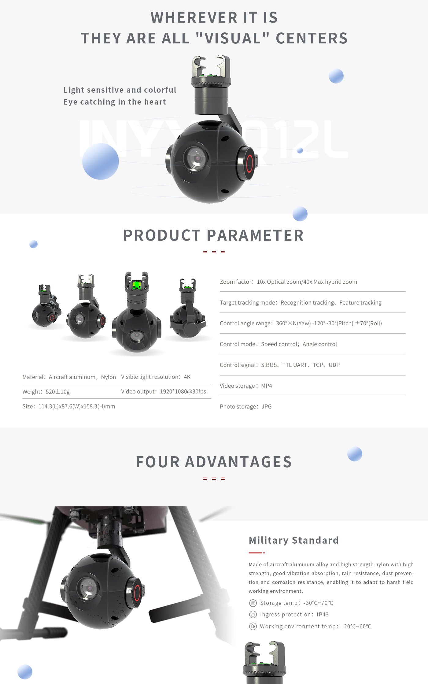 The Zingto INYYO Q12L Drone Camera Gimbal features advanced zoom and tracking modes with 360-degree control.